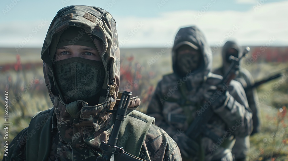 Group of masked individuals in camouflage clothing standing in rugged terrain with weapons, symbolizing resistance and rebellion, strong determined expressions. Group of masked individuals in camouflage clothing standing in rugged terrain with weapons, symbolizing resistance and rebellion, strong determined expressions.