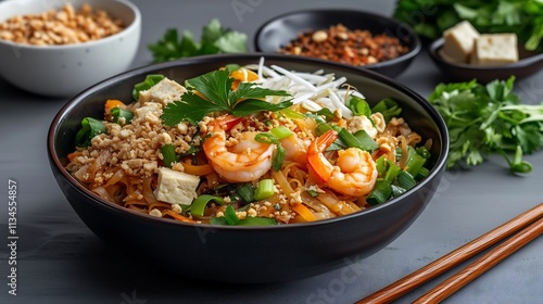 Vibrant Pad Thai Dish with Shrimp and Tofu in Minimalist Studio Setup