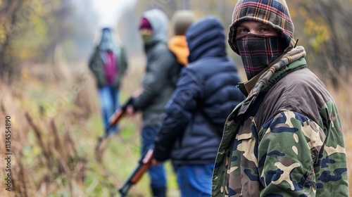 Group of masked individuals in camouflage clothing standing in rugged terrain with weapons, symbolizing resistance and rebellion, strong determined expressions. photo