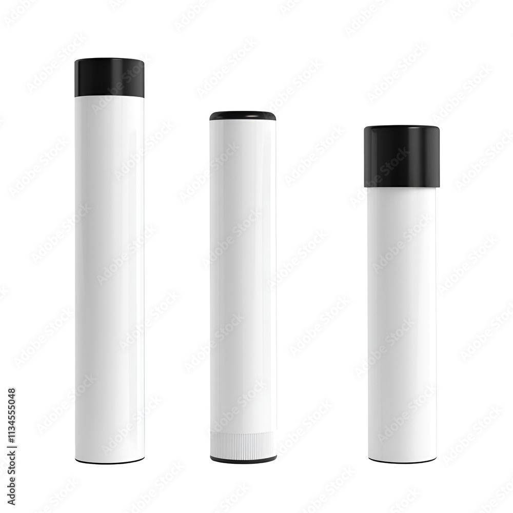 Three Blank White Cylindrical Containers with Black Caps Three Blank White Cylindrical Containers with Black Caps