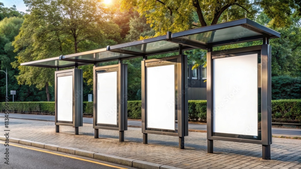 Fototapeta premium Three blank billboards at a bus stop , advertising, marketing, city, urban, public transportation, empty, space