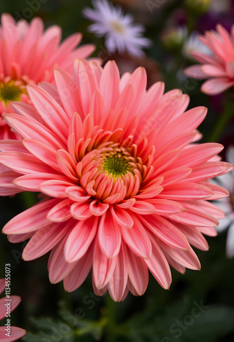 Blooming chrysanthemum or daisy flower, close-up floral petals as botanical background, dinamic scene, with white tones