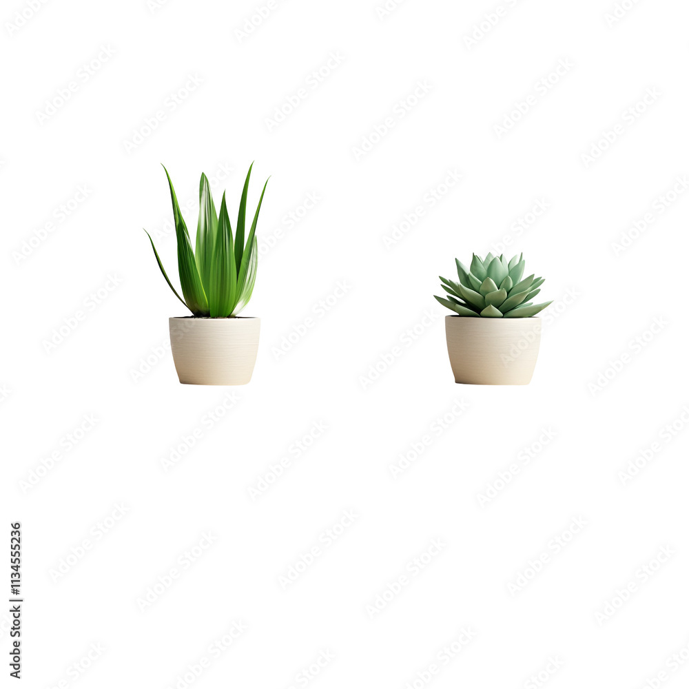 Two potted plants in white pots against black background Two potted plants in white pots against black background