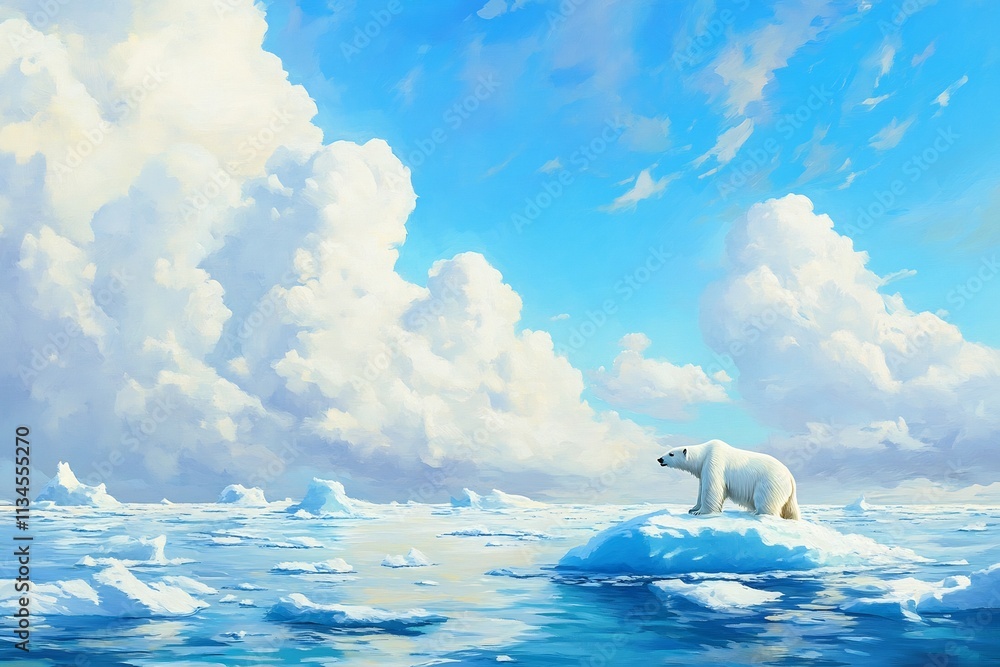 Naklejka premium Isolated Polar Bear on a Diminishing Ice Floe Adrift in the Warming Ocean