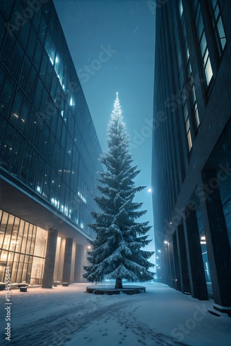 A tall, snow-covered Christmas tree is illuminated between sleek, glass buildings during a quiet evening. Snowflakes gently fall, enhancing the winter atmosphere. Generative AI