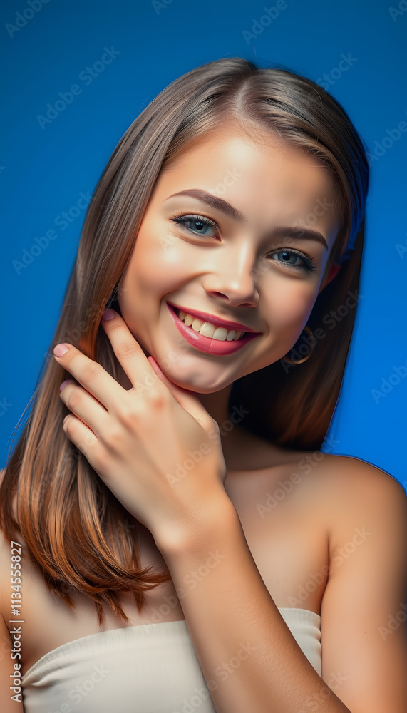 Fototapeta premium Portrait of attractive cheerful well-groomed girl touching soft smooth hair isolated over bright blue color background, glowing neon, with white tones