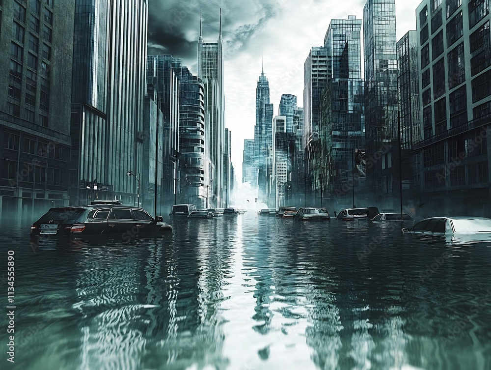 Flooded City Streets Under Ominous Skies Modern Buildings Submerged in Murky Waters Flooded City Streets Under Ominous Skies Modern Buildings Submerged in Murky Waters