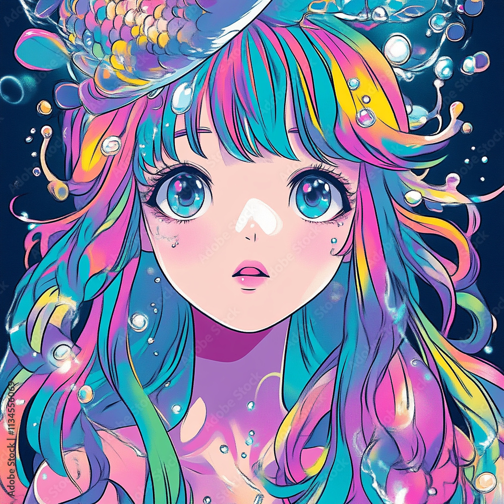 Naklejka premium Mermaid anime concept full color illustration