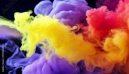 A bright mix of fuchsia and yellow smoke shapes glowing brightly photo