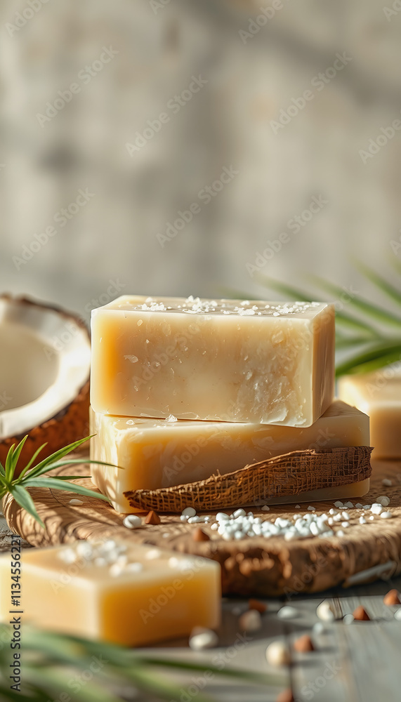 Pieces of handmade soap from organic coconut oil. Concept of using natural soap and eco friendly beauty products for skin care, dinamic scene, with white tones Pieces of handmade soap from organic coconut oil. Concept of using natural soap and eco friendly beauty products for skin care, dinamic scene, with white tones