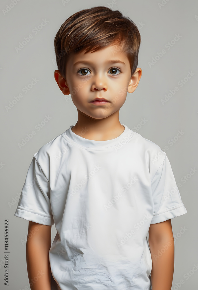 Portrait of a fictional young little boy wearing a plain white t-shirt. Isolated on a plain neutral background., dramatic Portrait of a fictional young little boy wearing a plain white t-shirt. Isolated on a plain neutral background., dramatic