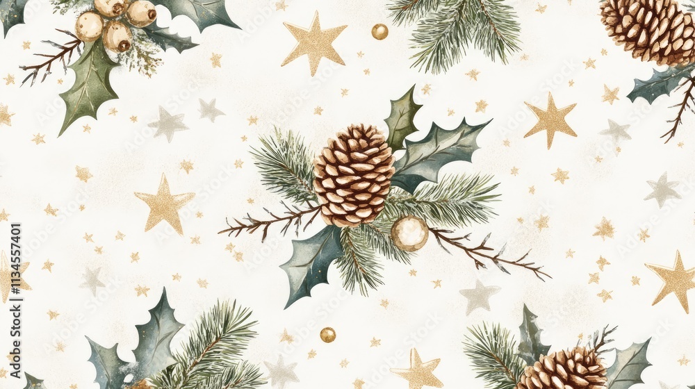 Fototapeta premium Festive Pattern with Pine Cones and Holly Leaves for Decoration