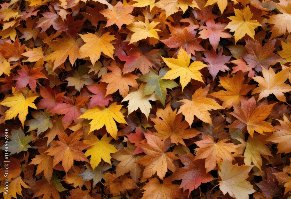 Golden autumn foliage blankets the forest floor, a vibrant tapestry of red, orange, and yellow leaves scattered beneath the maple trees Golden autumn foliage blankets the forest floor, a vibrant tapestry of red, orange, and yellow leaves scattered beneath the maple trees