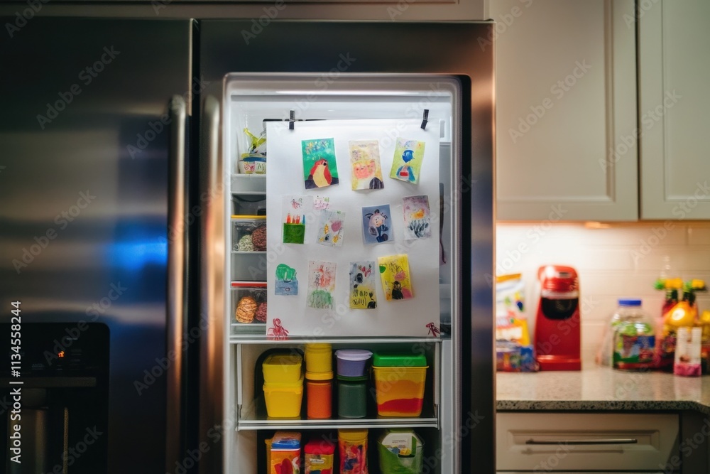 Child's art displayed on refrigerator with ribbon, kitchen ambient lighting, proud display, with copy space Child's art displayed on refrigerator with ribbon, kitchen ambient lighting, proud display, with copy space