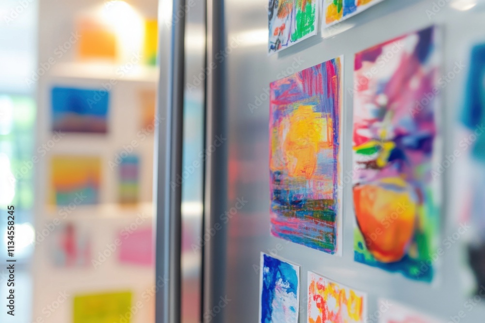 Child's art displayed on refrigerator with ribbon, kitchen ambient lighting, proud display, with copy space Child's art displayed on refrigerator with ribbon, kitchen ambient lighting, proud display, with copy space