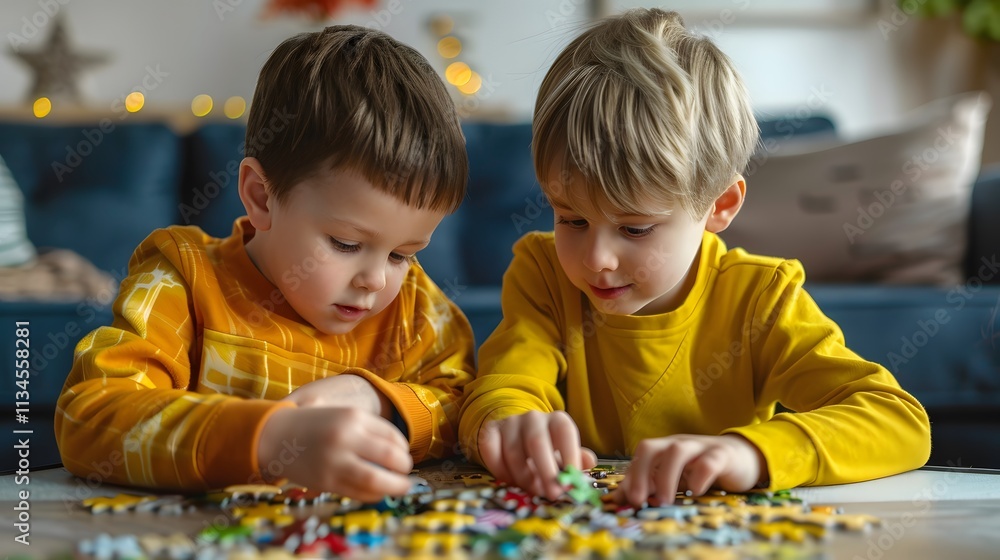Two Young Boys Playing with Colorful Building Blocks at Home Two Young Boys Playing with Colorful Building Blocks at Home