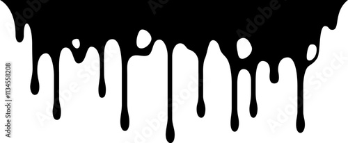 Black paint dripping down a white wall creates a strikingly messy and artistic pattern, showcasing a dynamic interplay of viscous texture and bold contrasting colors