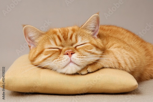 Adorable orange cat sleeping peacefully on a soft pillow with a serene expression
