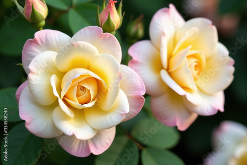 elegant double blossoms modern american shrub rose feature creamy yellow centers delicate pink petal photo