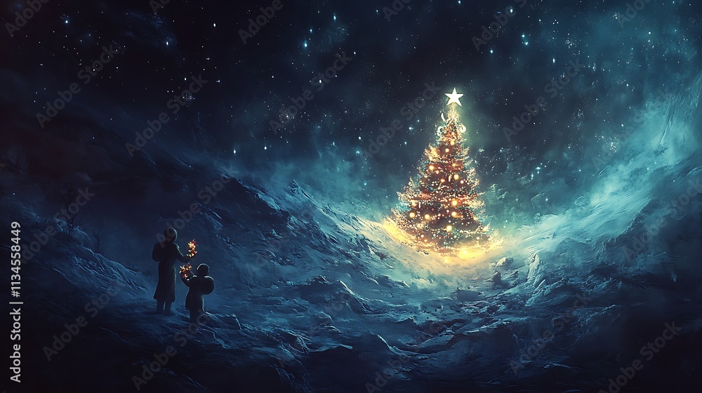 Obraz premium Strange alien beings exchanging gifts under a glowing cosmic Christmas tree
