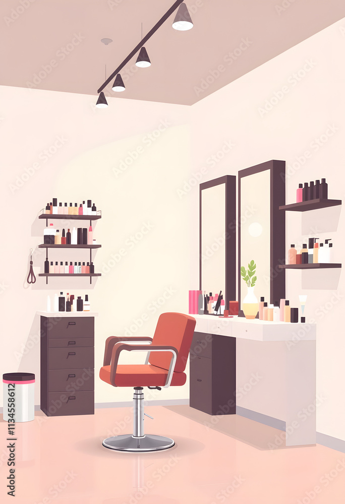Obraz premium Hairdresser places and many professional cosmetics, beauty salon, flat design, with white tones