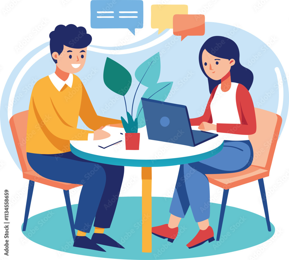 Partners meeting for business discussion with documents and laptop on desk. Couple at round table, speaking, discussing work, partnership. Flat vector on a white background Partners meeting for business discussion with documents and laptop on desk. Couple at round table, speaking, discussing work, partnership. Flat vector on a white background