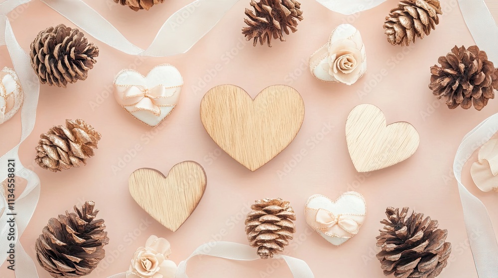 Obraz premium Romantic Arrangement of Wooden Hearts and Natural Elements Decor