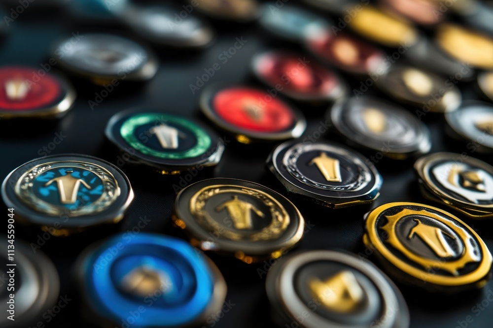 Collection of earned fitness achievement badges, soft box lighting, badge detail, with copy space Collection of earned fitness achievement badges, soft box lighting, badge detail, with copy space