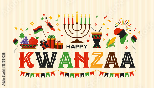 Happy Kwanzaa poster, vector design, holiday 
african symbols for Happy Kwanzaa celebration background, Kwanzaa card, banner, social media, ads 
with seven candles, kinara holder, decoration