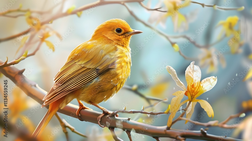 Fototapeta premium Vibrant Yellow Bird Perched on Branch Amidst Delicate Spring Flowers
