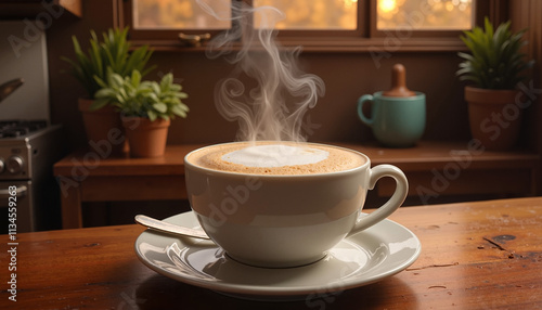 Steaming cup of coffee with latte art on a saucer, placed on a wooden table in a cozy kitchen