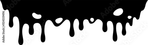 Black paint is dripping down a white background, creating an abstract and artistic visual effect with its irregular shapes and flowing movement