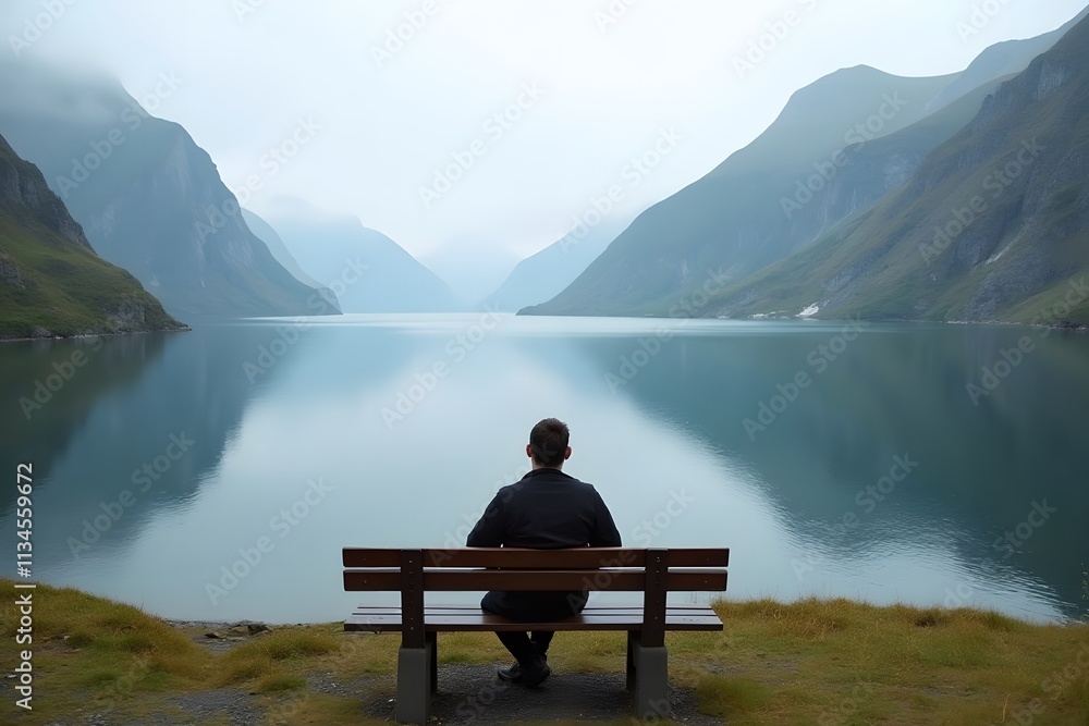 A person sitting on a bench overlooking a peaceful fjord with their back to the camera. A person sitting on a bench overlooking a peaceful fjord with their back to the camera.
