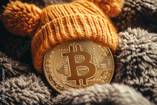 Golden Bitcoin Coin Nestled in Cozy Warm Textiles with a Knitted Hat photo