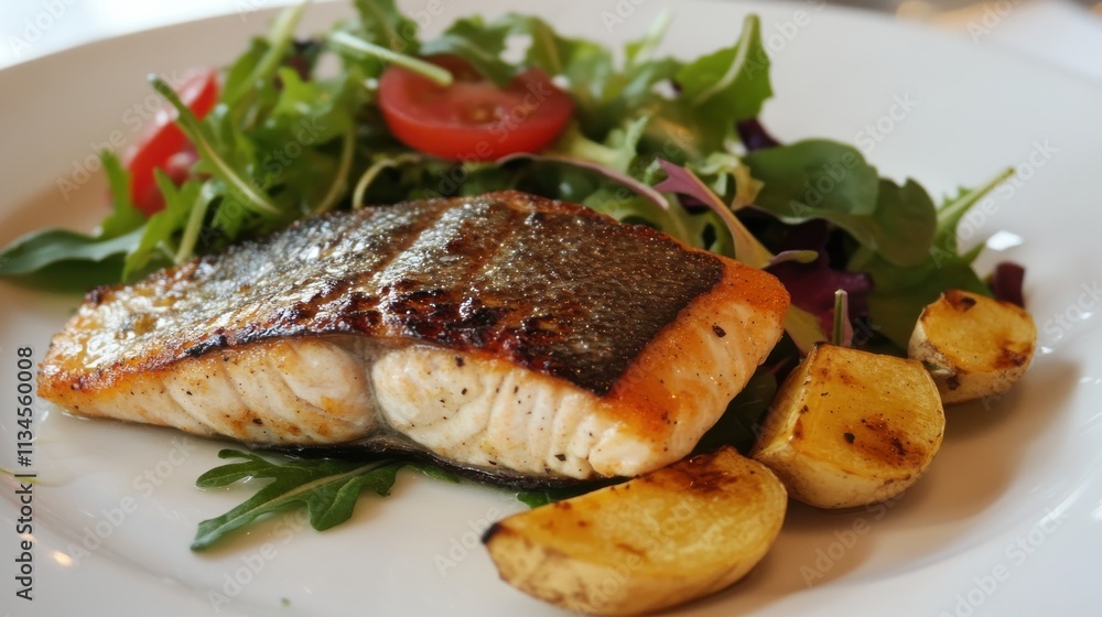 Light Nordic lunch with grilled trout, mixed greens, and roasted parsnips Light Nordic lunch with grilled trout, mixed greens, and roasted parsnips