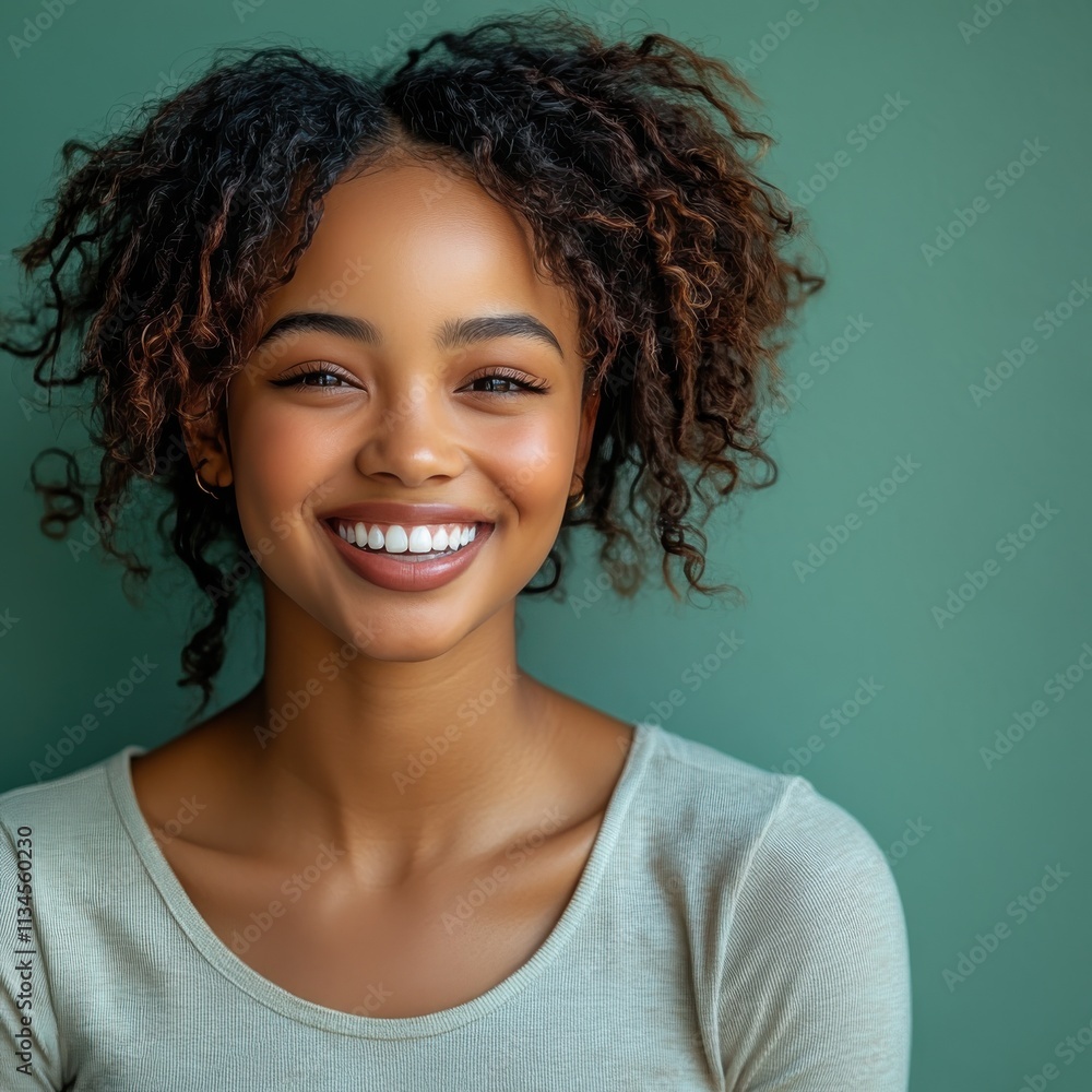Africa American woman with curly hair is smiling in studio background Africa American woman with curly hair is smiling in studio background
