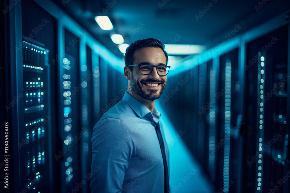 Smiling IT Manager in a High-Tech Server Room with Modern Lighting Smiling IT Manager in a High-Tech Server Room with Modern Lighting