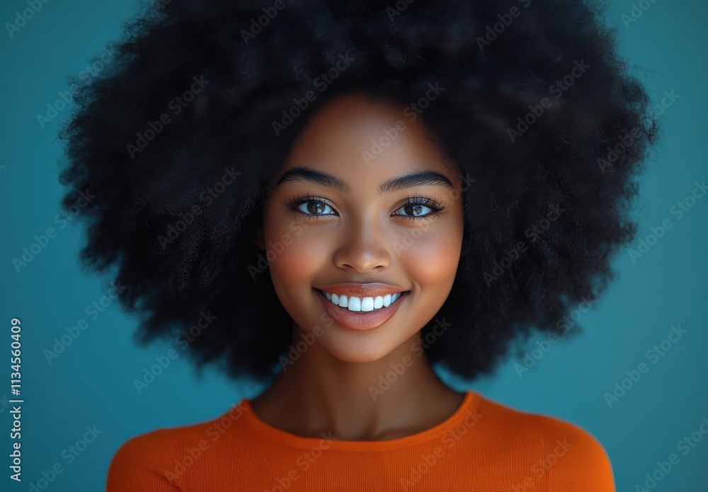 Africa American woman with curly hair is smiling in studio background Africa American woman with curly hair is smiling in studio background