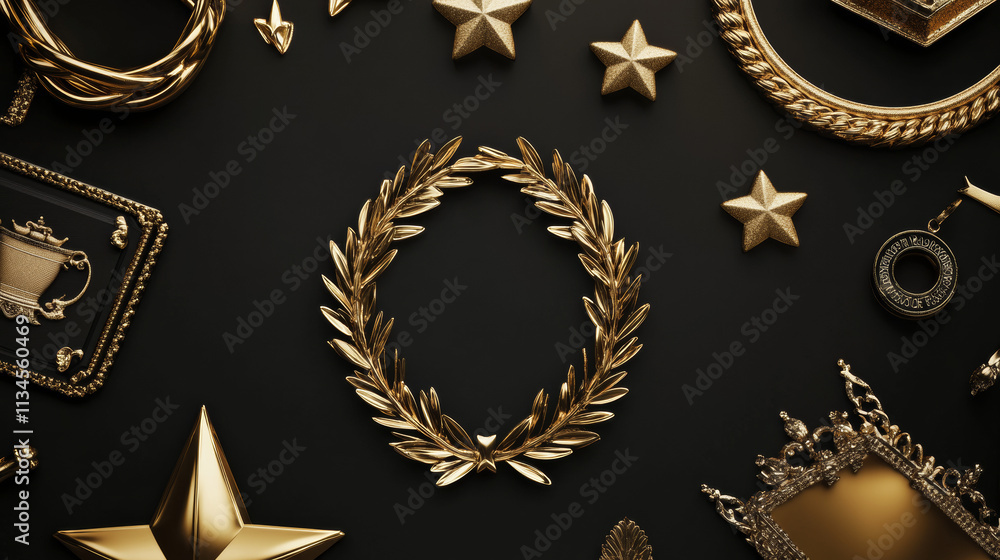 Golden awards set isolated on black background. Vector realistic illustration of laurel wreath and gold ribbon, royal crown on podium, star in frame, game winner, sports champion, best movie prize Golden awards set isolated on black background. Vector realistic illustration of laurel wreath and gold ribbon, royal crown on podium, star in frame, game winner, sports champion, best movie prize