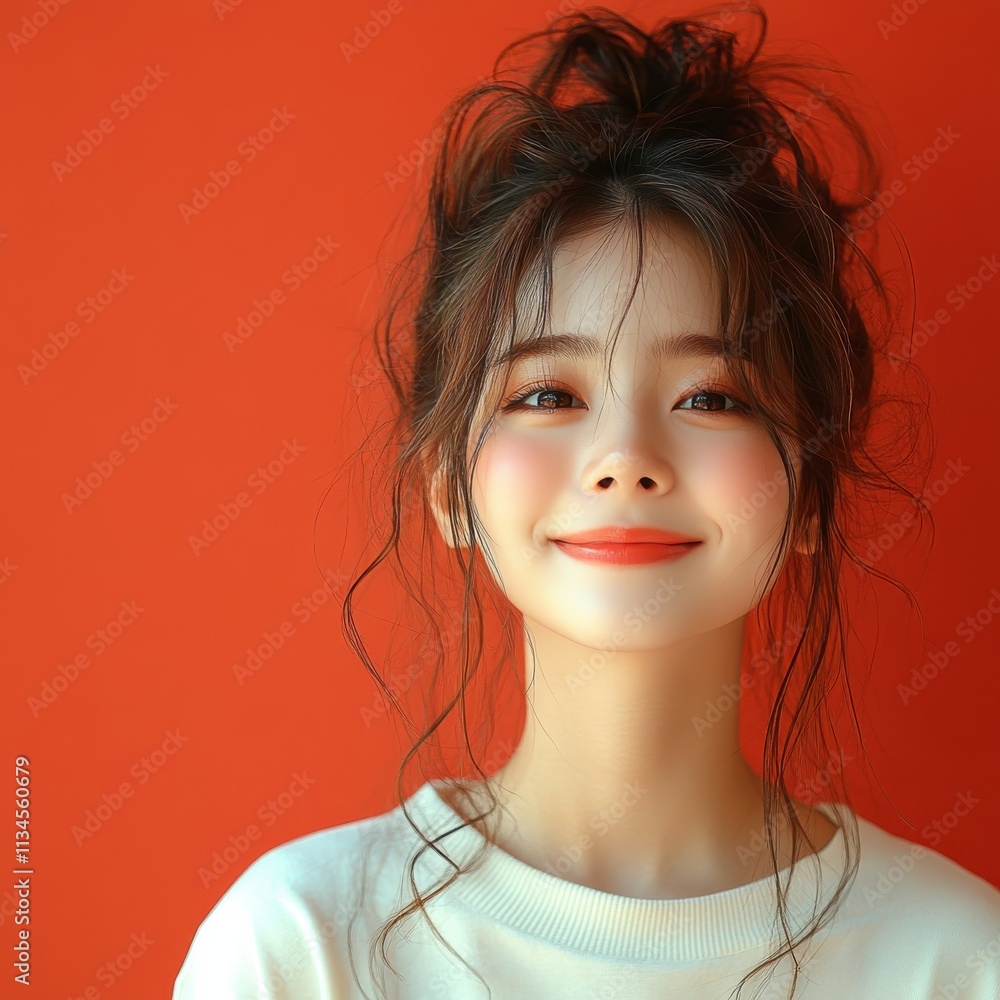 Asian woman smiling and wearing a t-shirt in studio color background Asian woman smiling and wearing a t-shirt in studio color background