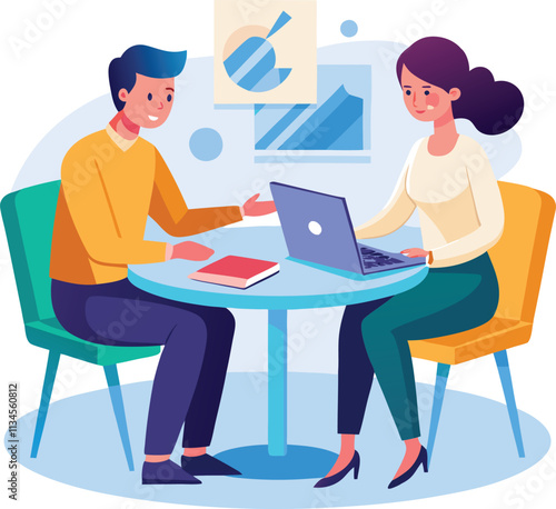 Partners meeting for business discussion with documents and laptop on desk. Couple at round table, speaking, discussing work, partnership. Flat vector on a white background