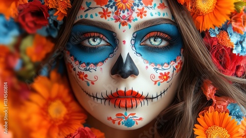 A woman with vibrant sugar skull makeup surrounded by colorful flowers.