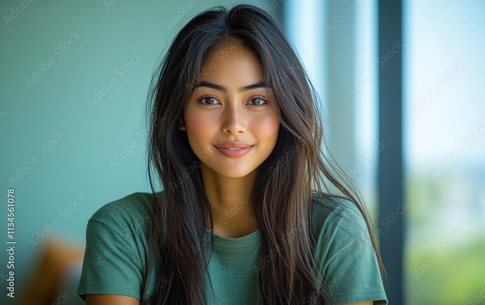 Fototapeta premium Asian woman smiling and wearing a t-shirt in studio color background
