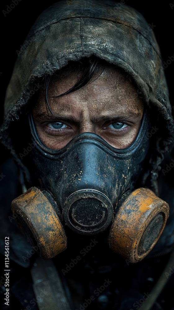 A close-up portrait of a person wearing a gas mask, showcasing intense blue eyes and dirt. A close-up portrait of a person wearing a gas mask, showcasing intense blue eyes and dirt.