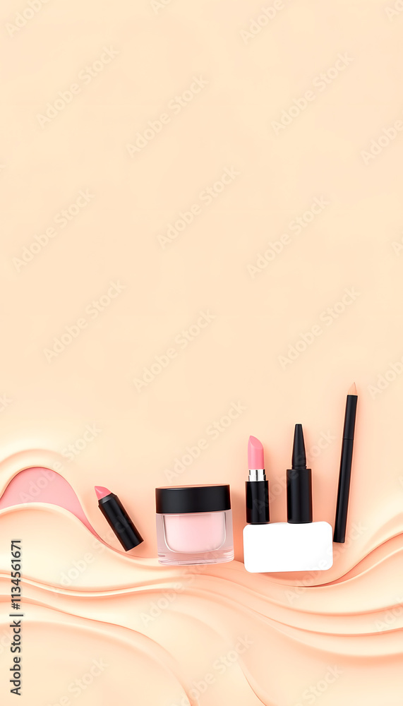 Background for beauty, make-up and cosmetic care. Cosmetics blank on wavy skin tone background. Blank banner Promo design for beauty salon blog. AI, Paper Cutout style, with white tones Background for beauty, make-up and cosmetic care. Cosmetics blank on wavy skin tone background. Blank banner Promo design for beauty salon blog. AI, Paper Cutout style, with white tones