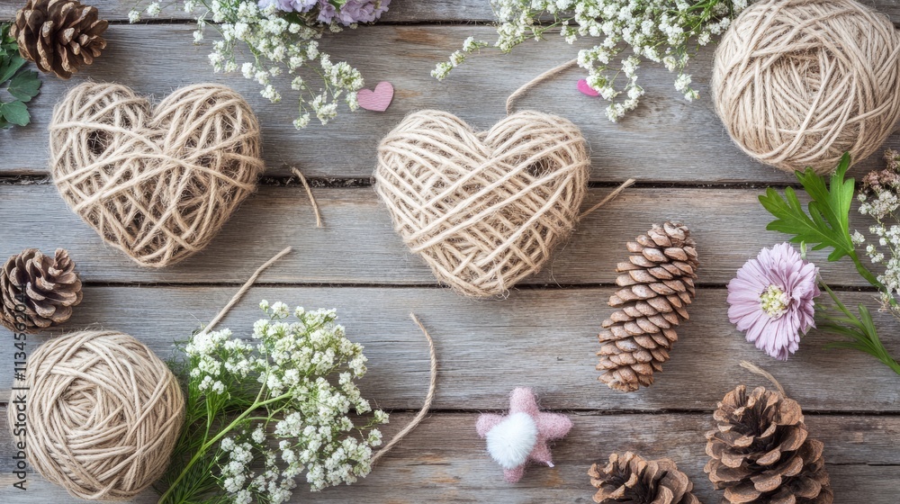 Natural Decor Elements with Twine Hearts and Floral Accents Natural Decor Elements with Twine Hearts and Floral Accents