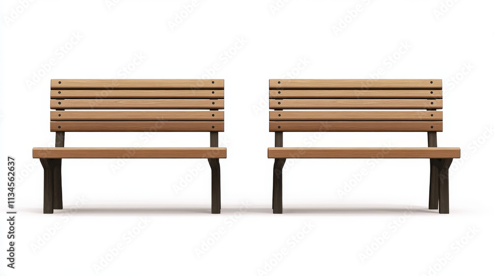 Wooden park or backyard bench front view. Realistic vector illustration set of long chair with light brown wood texture for public city garden. Street furniture made of deck plank. Outdoor seat. Wooden park or backyard bench front view. Realistic vector illustration set of long chair with light brown wood texture for public city garden. Street furniture made of deck plank. Outdoor seat.