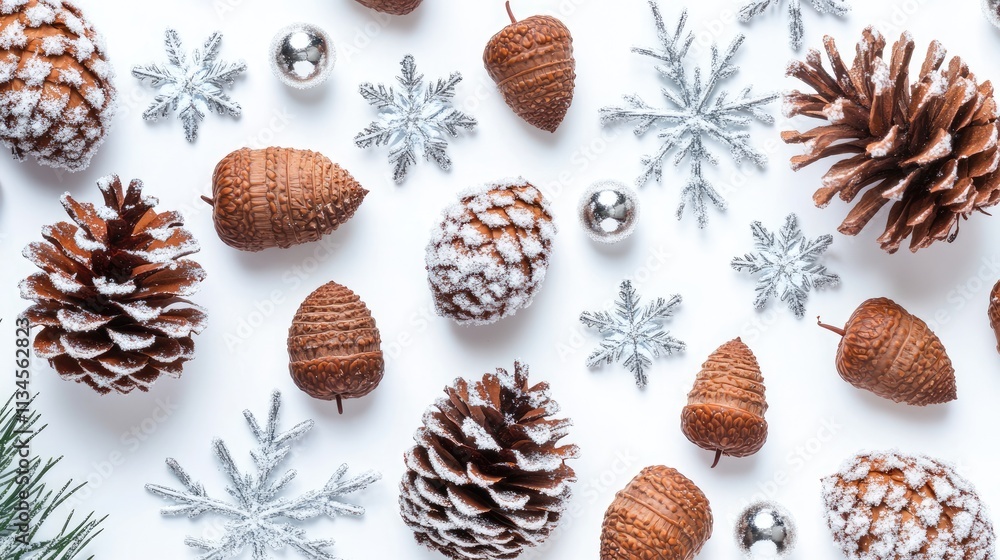 Festive Winter Decor with Snowy Pinecones and Silver Ornaments Festive Winter Decor with Snowy Pinecones and Silver Ornaments