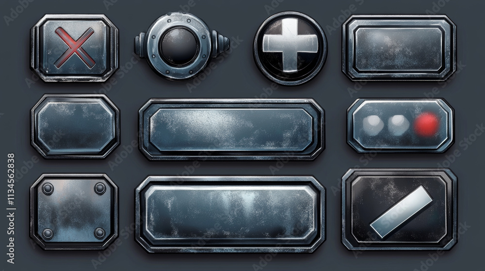 Game buttons and frames with metal border. Design elements and assets for user interface. Vector cartoon set of game ui elements, bars of health, coins and energy, check and cross marks and panels Game buttons and frames with metal border. Design elements and assets for user interface. Vector cartoon set of game ui elements, bars of health, coins and energy, check and cross marks and panels