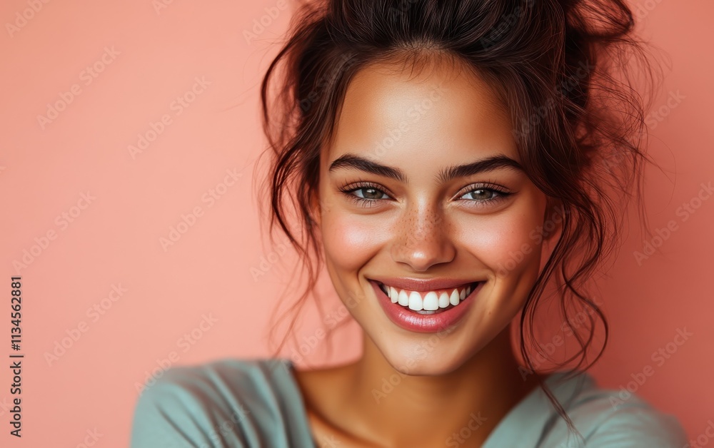 Naklejka premium Beauty girl smiling and wearing a t-shirt in studio color background
